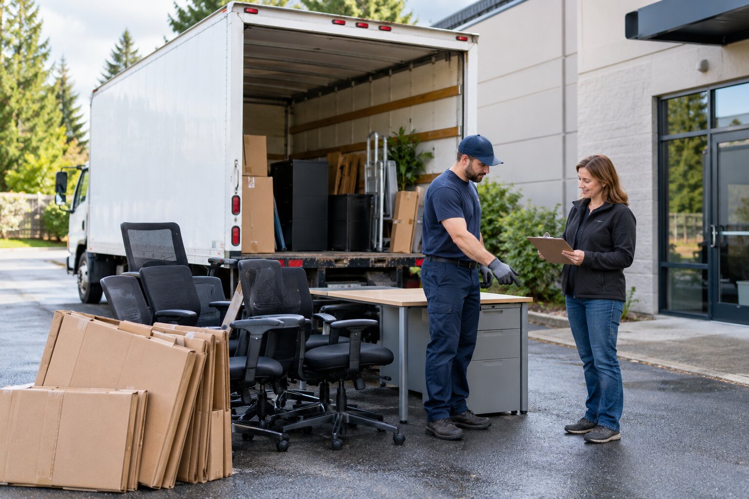 Office furniture and a box truck at a commercial property — representative scene