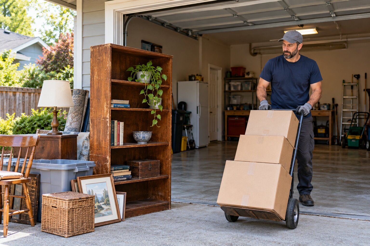 Garage cleanout with sorted furniture and boxes — representative scene
